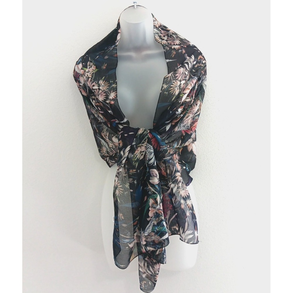 ITALIAN Scarf Wrap Floral Black Sheer Lightweight Chic Wild‎ Flower Artsy 23x70